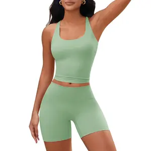 Women's 2-Piece Fitness Sportswear Set - Cross Back Padded Halter Tank Top, High Waisted Biker Yoga Shorts, Gym Clothes Workout Outfit