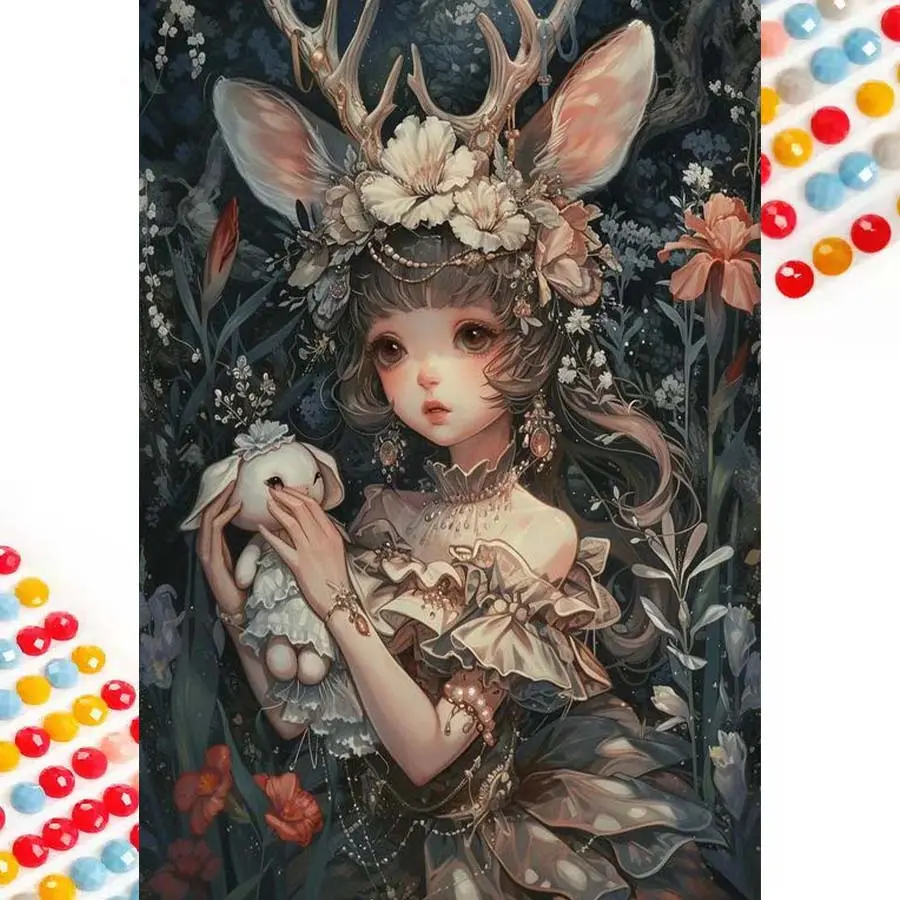 5D DIY Full Drill Round Diamond Painting - Diamond Art Kit with Antlers, Flowers, and Rabbit. Mosaic, Canvas - DIY Decorative Painting, Home Wall Decor, perfect for Halloween, Christmas, Independence Day, birthday and anniversary gifts.
