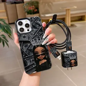 6 Piece Queen Pattern Phone Case Set with Charger Headset, Cable Protector, Storage Rope, Tpu Drop Protection for iPhone Models