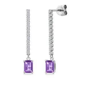 Gem Stone King 14K White Gold Gemstone Birthstone and White Lab Grown Diamond Long Liner Dangle Earrings for Women | Emerald Cut 6X4MM | White Gold Chain Drop Earrings