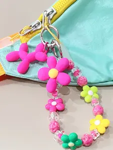 Acrylic Flower Dopamine Color Hot Pink Phone Case Wrist Chain Key Decoration DIY Pendant,Phone Charm for Women, Wrist Strap Hands-Free & Beaded Chain