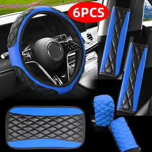 Luxury PU Leather All-in-One Car Interior Set 6pcs-Steering Wheel Cover, Handbrake Cover, Shift Knob Cover, Shoulder pads & Car Armrest Pad, Car Accessories, Interior Upgrade, Premium Look, Soft Material, Easy Installation, Longdistance Drivers