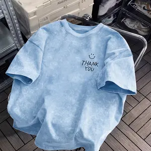 THANK YOU Letter Joyful Face Print Summer Men's Trendy Drop-Shoulder Sleeve High-Quality Thickened Heavyweight Oversized Vintage Distressed Pure Washed Crew Neck T-Shirt Street Style Loose Hip-Hop Top