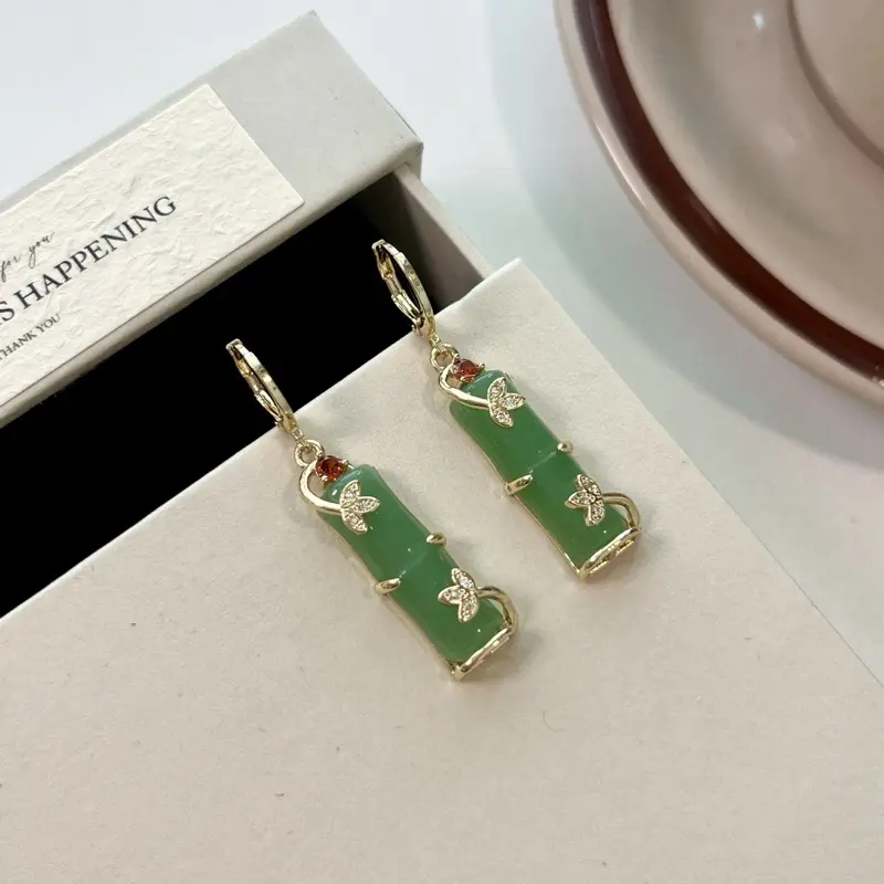 Green Earrings for Women 14K Gold Plated Bamboo Design Vintage Javanese Dangle Earrings Handmade Unisex Natural Gift
