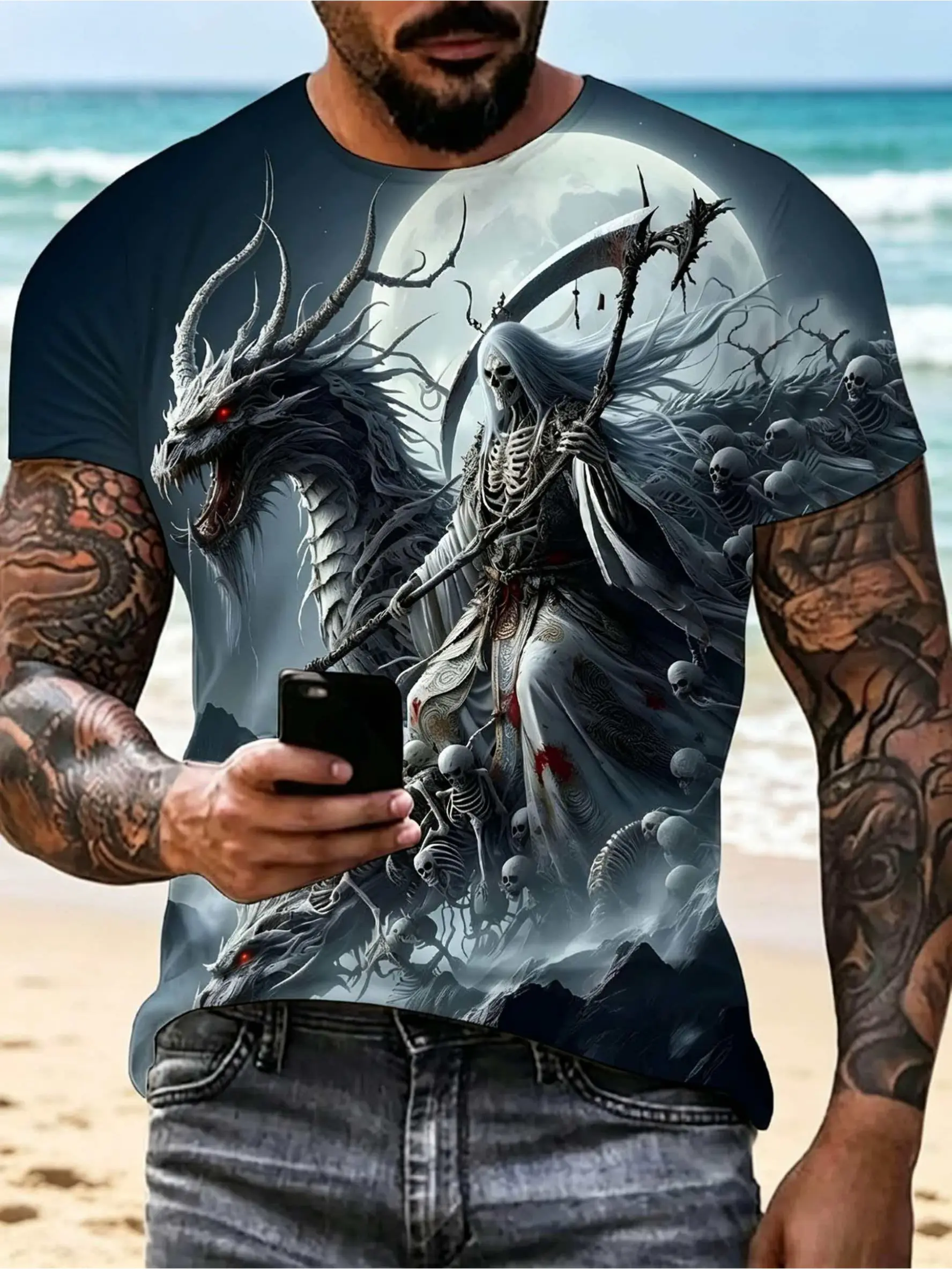 Men's Gothic Skull & Dragon Short-Sleeve Knit Fabric T-Shirt - Breathable Crew Neck Casual Top, Machine Washable Regular Fit for Summer, Themed Parties, Shortsleeve, Tshirt, Menswear, Polyester, Round Neck, Stretch