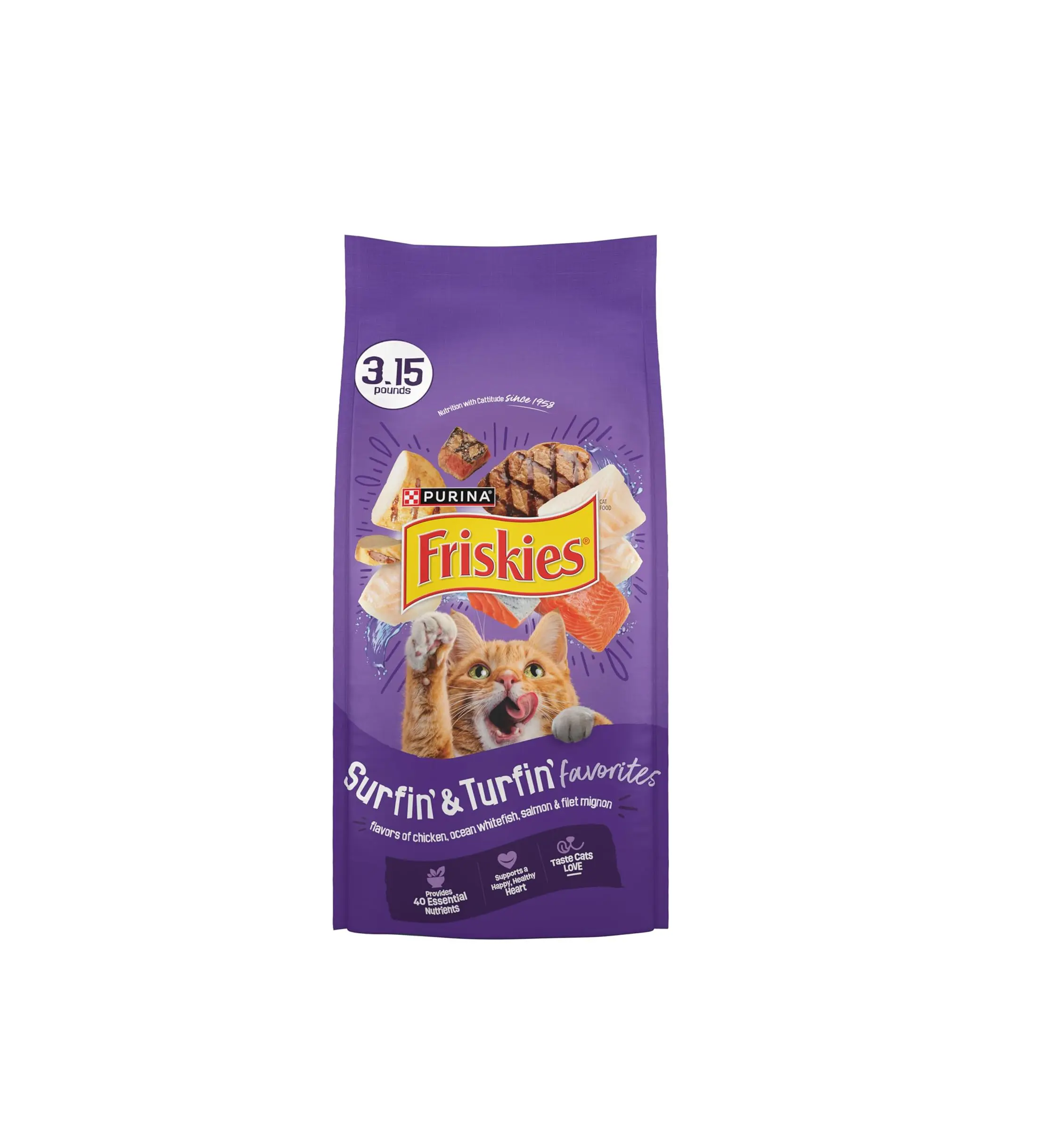 Purina Friskies Cat Food Surfin and Turfin Favorites Flavors of Chicken, Whitefish, Salmon and Filet Mignon - (Pack of 4) 3.15 lb. Bags