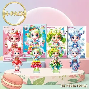 (4-Pack) Mix & Match Magnetic Dress Up Dolls, 4 Themes, 55 Pieces, Strong Magnet Educational Toy for Girls Age 3+ Dessert Fairy Elf Creative Imaginative Play Set, Birthday Gift for Toddlers Kids, Fun Reusable Outfits, Hours of Entertainment, Stem Fun.