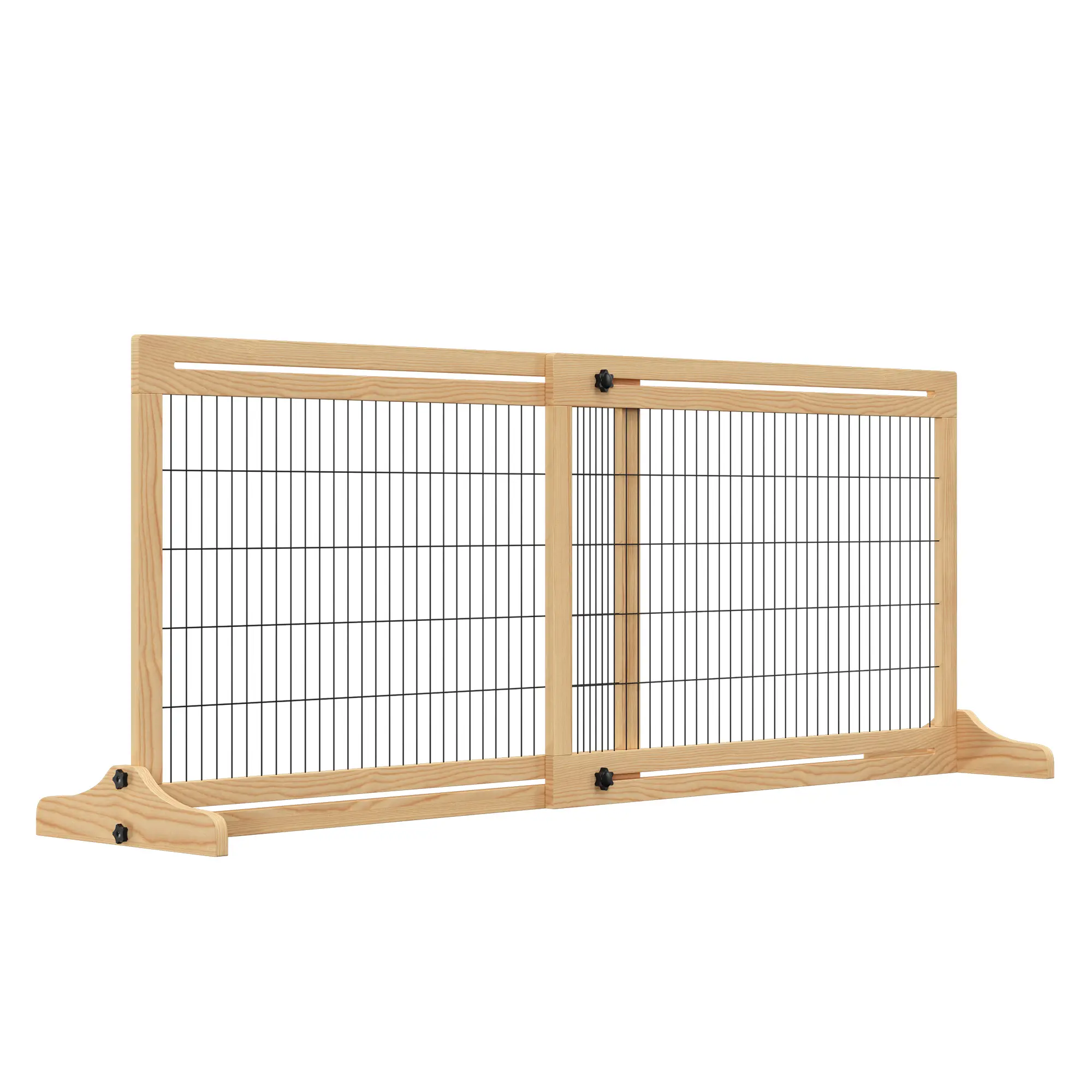 Extra Wide Freestanding Pet Gate – Adjustable 41"-70.9" Length. Pine Wood & Steel Wire. Wide Balance Feet for Easy Setup. 27.25" Tall. For Small/Medium Pets (Shoulder Under 17.75"). Natural