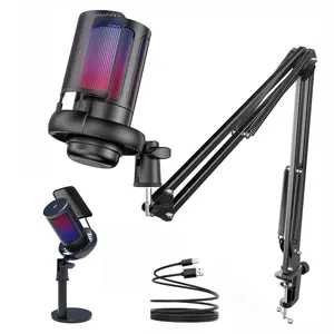 Live Streaming Gaming Computer Microphone, Live Streaming Equipment, USB Condenser Mic with Quick Mute, Pop Filter, Shock Mount, Volume Control for Ps4, Ps5, PC