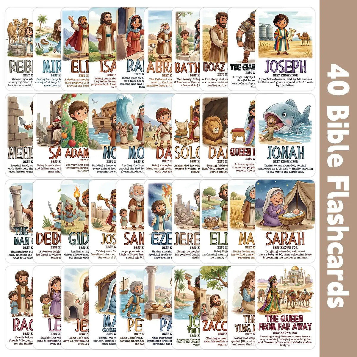 40 Bible Characters Flashcards, Cute Bible Story Verse Cards, Christian Sunday School Cards, Religious Faith Meditation Education Cards, Learning Flash Cards