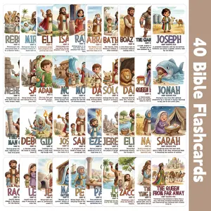 40 Bible Characters Flashcards, Cute Bible Story Verse Cards, Christian Sunday School Cards, Religious Faith Meditation Education Cards, Learning Flash Cards