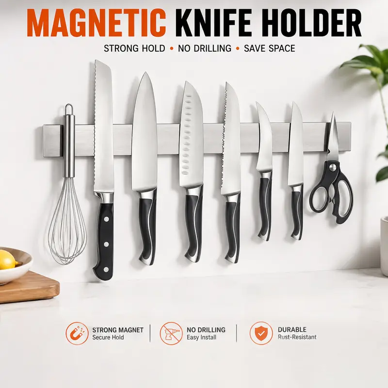 304 Stainless Steel Stylish Modern Magnetic Knife Holder - Durable Rotatable Kitchenware Storage Rack, No Battery Magnetic Hold, Rustproof, Anti-Cutting Protection, Quick Grab Access, Father's Day Gift Option for Knives