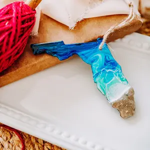 Florida Ornament for Christmas Tree Beach Themed Ornament Ocean Wave Resin Finish 4" Long Birch Wood Crafted Handmade Gift