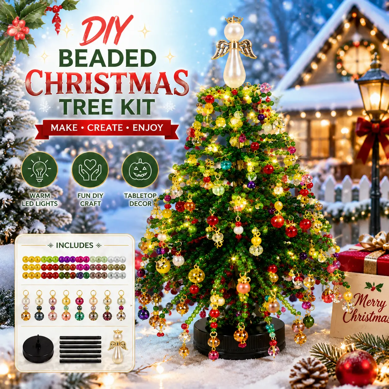 DIY Beaded Christmas Tree Kit with Warm LED Lights Fun DIY Craft Tabletop Decor Includes Beads and Angel Topper for Festive Season