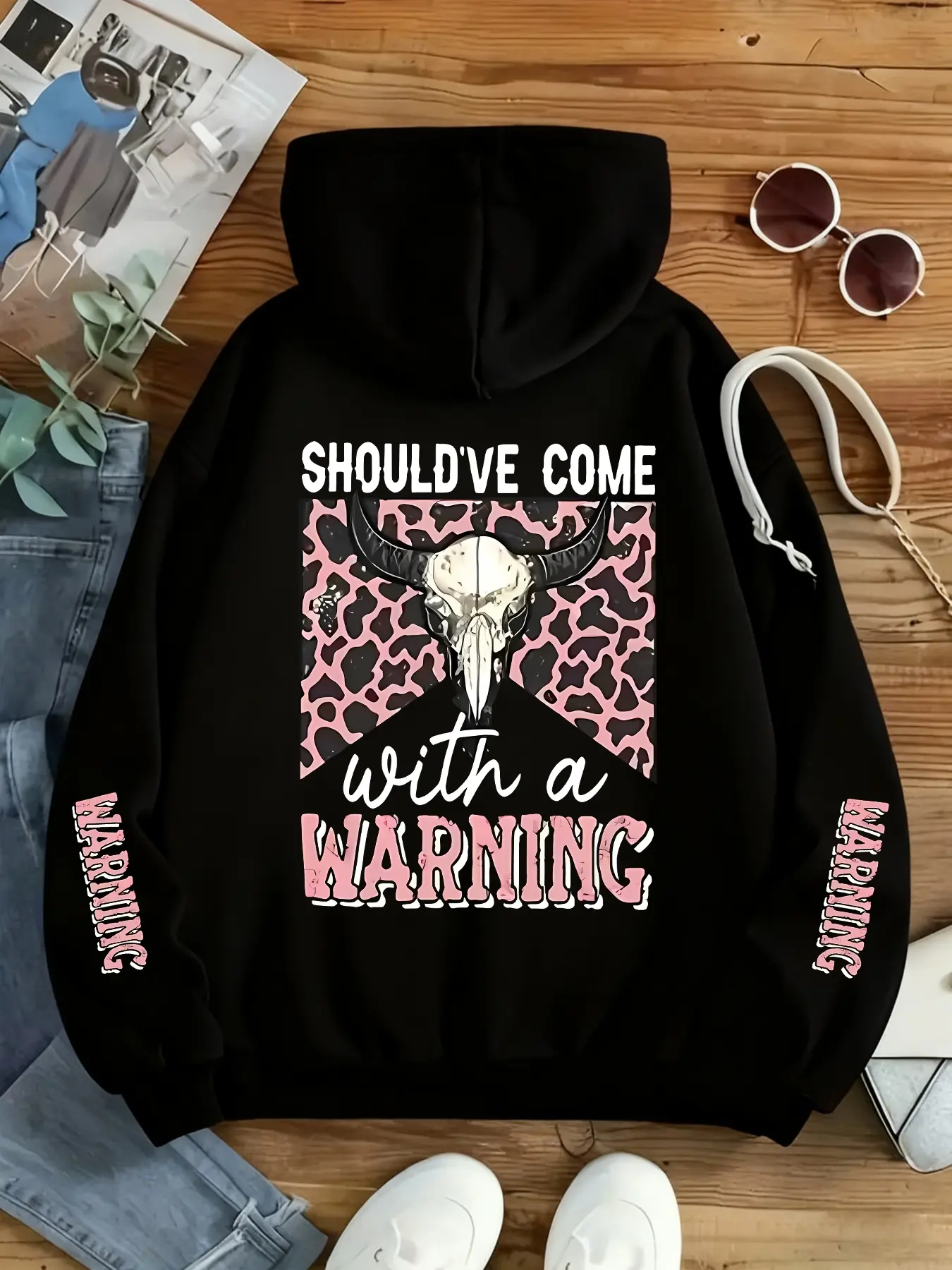 Wild Cow Head Leopard Print Hoodie, Womenswear Sweatshirts, Long Sleeve, Should've Come with a Warning, Fitted Loose Casual Style, Fall & Winter Fashion, Unique Personality, Piece