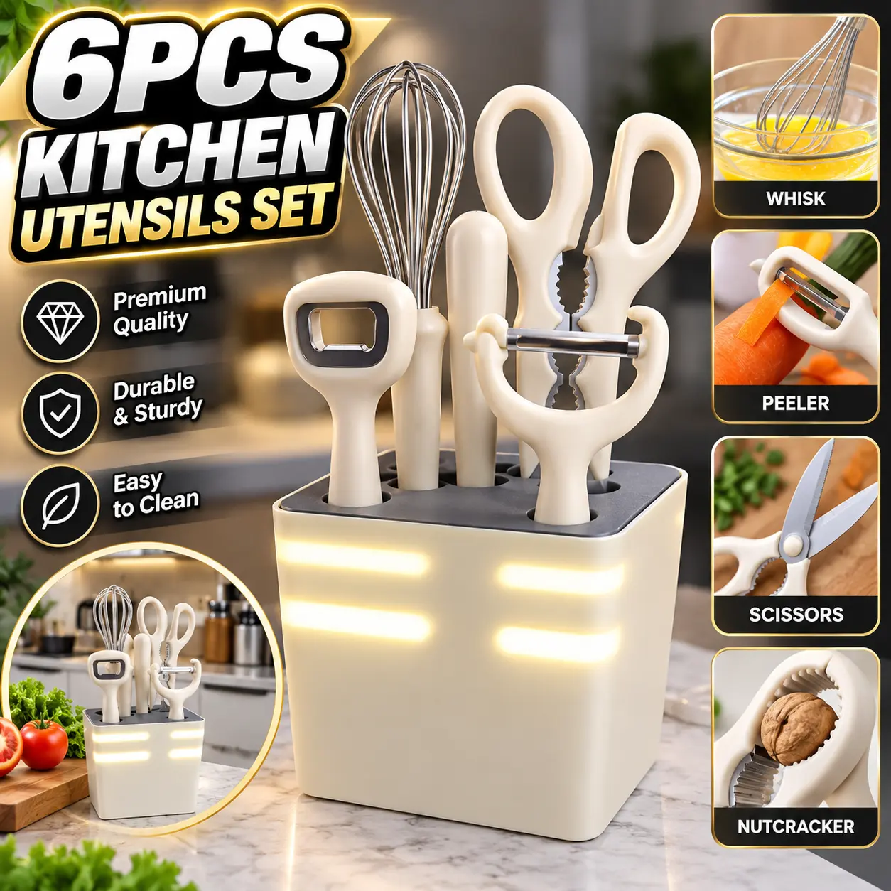 $99.99 6PCS Kitchen Utensils Set - Premium Quality Whisk Peeler Scissors Nutcracker - Durable & Sturdy - Easy to Clean - Essential Cooking Tools