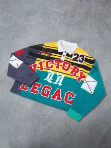 Men's Street Style American Vintage Colorblock Loose Fit Polo Shirt, Long Sleeve Turn-Down Collar, Cool Letter Pattern, Comfortable Fashion, Casual