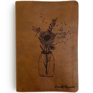Personalized NLT Large Print Bible - Brown - Living Word with Floral Mason Jar and Dragonfly - Hand Lettered and Engraved