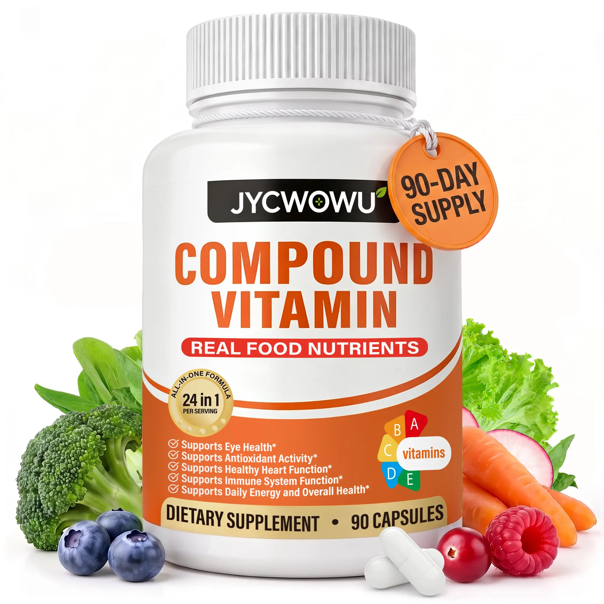 JYCWOWU 24-in-1 Multivitamin for Men Women, Daily Multi Vitamin Mineral Supplement with B Complex, Immune & Energy Support, 90 Capsules