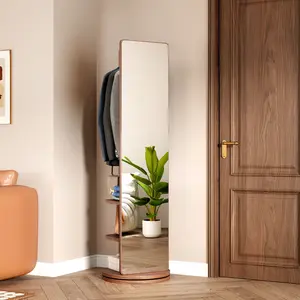 [Fahuac] Durable Wooden Walnut Full-Length Mirror with Coat Rack - Rubberwood, 360° Rotating, 68.8x19.6in, Home Decor, Room Decor