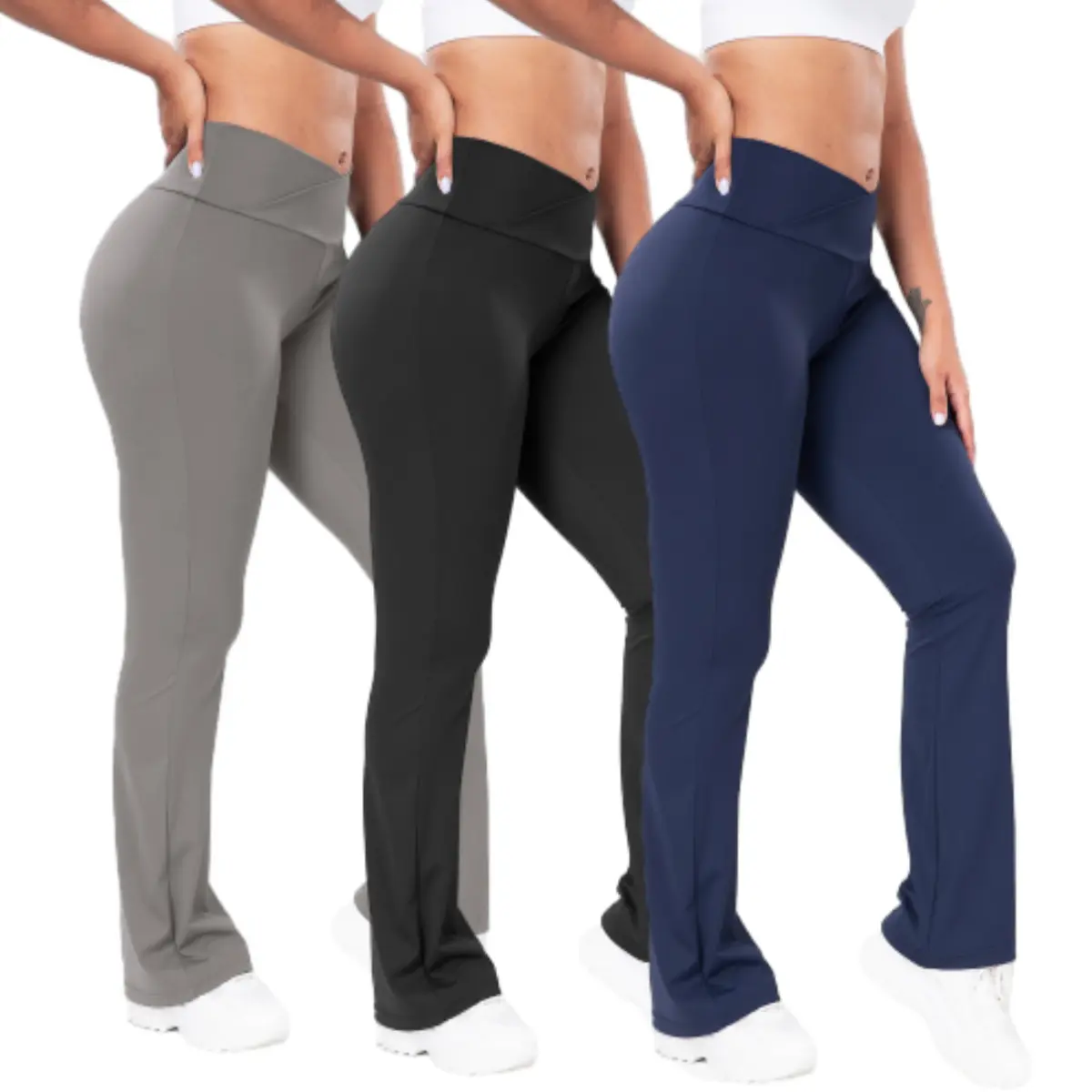 Women's High Waisted Solid Color Flare Leg Bootcut Crossover Yoga Leggings - High Stretch Nylon Spandex Activewear Bottoms, Athletic Bottoms, Casual Sports Pants, Comfortable Elastic Crop Outdoor Pants