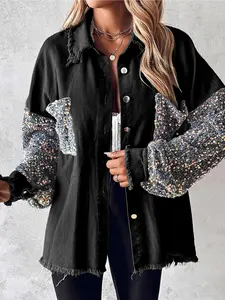 Women's Denim Patchwork Colorful Sequins Shirt Jacket Coats, Cool Personal Style, Fringe Design, Loose, Long Sleeves, Aesthetic, for Daily Wear, Streetwear, Parties
