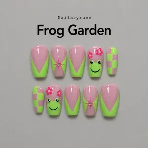 Nailsbyruee | Frog Garden Press On Nails - Cute frog-themed nails with pastel green and pink details 10pcs