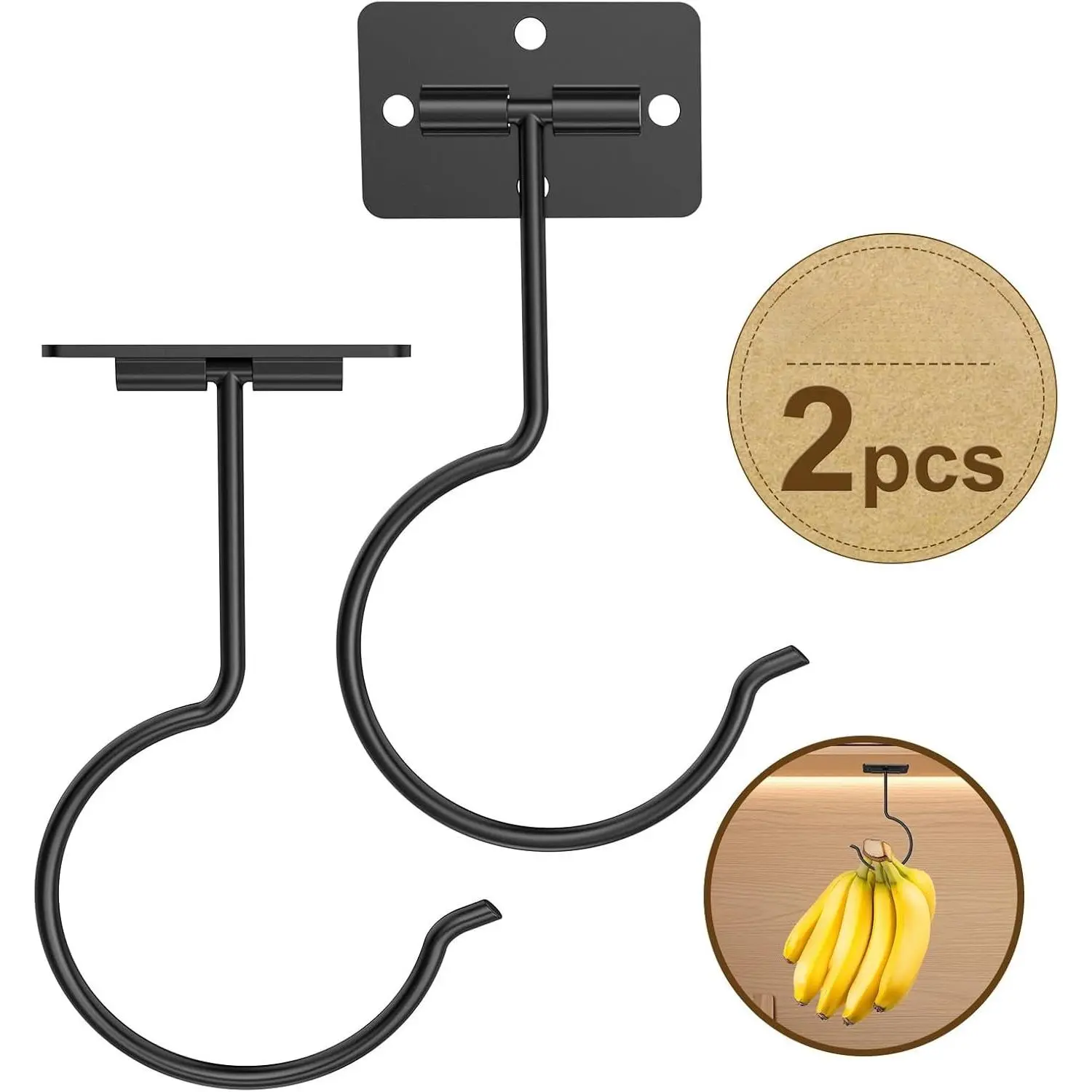 2 Packs Under Cabinet Banana Hooks, Foldable  Banana Holder with  Self-Adhesive & Screws for Extra Stability, Metal Banana Stand for Kitchen Counter - Black