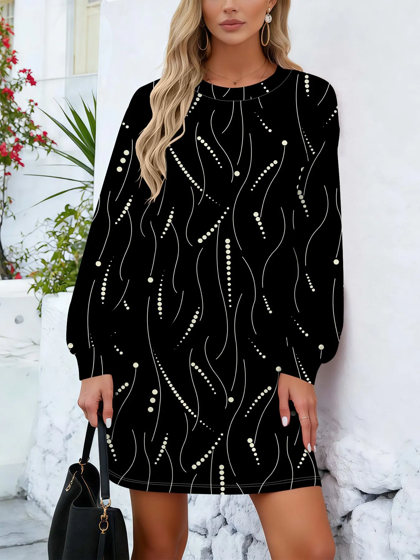 Fashionable Commuter Bubble Sleeve Dress, Womenswear, All over Print Digital Print, Long Sleeve Ruched Wrap Design, Slim Fit Street Style, Casual Wear, Summer