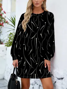 Fashionable Commuter Bubble Sleeve Dress, All over Print Digital Print, Long Sleeve Ruched Wrap Design, Slim Fit Street Style