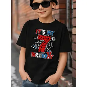 Young Boy's "It’s My 7th Birthday" Web-Themed Spider Web Birthday  Number Graphic T-Shirt, Fun Red & Blue Cartoon Party Tee for Boys Funny MEME Graphic Cotton T-Shirt For Young Boys, Black 100% Cotton T-shirts With Spider Web Birthday Theme, Stranger Styl