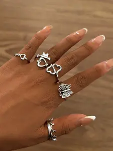 5-Piece Punk Style Ring Set, Unique Fashion Heart Butterfly Crown Stackable Rings, Trendy Jewelry for Women, Stylish Accessory Gift