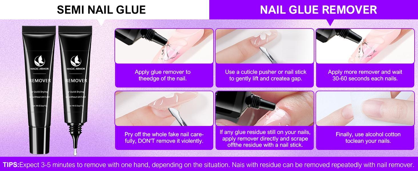 Nail glue with glue remover kit, super strong nail glue 15g for acrylic nails press on nails, 15g glue to remove false nails, strong glue remover, nail polish manicure