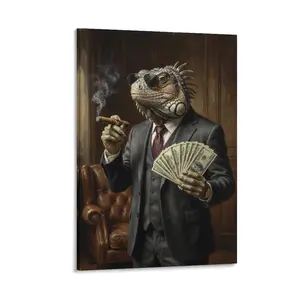 1pc Frameless HD Printed Canvas Art, Oil - Style Iguana in Suit (Cigar, Money), Vintage Wall Decor for Home, Office, Bar, Living Room Artwork