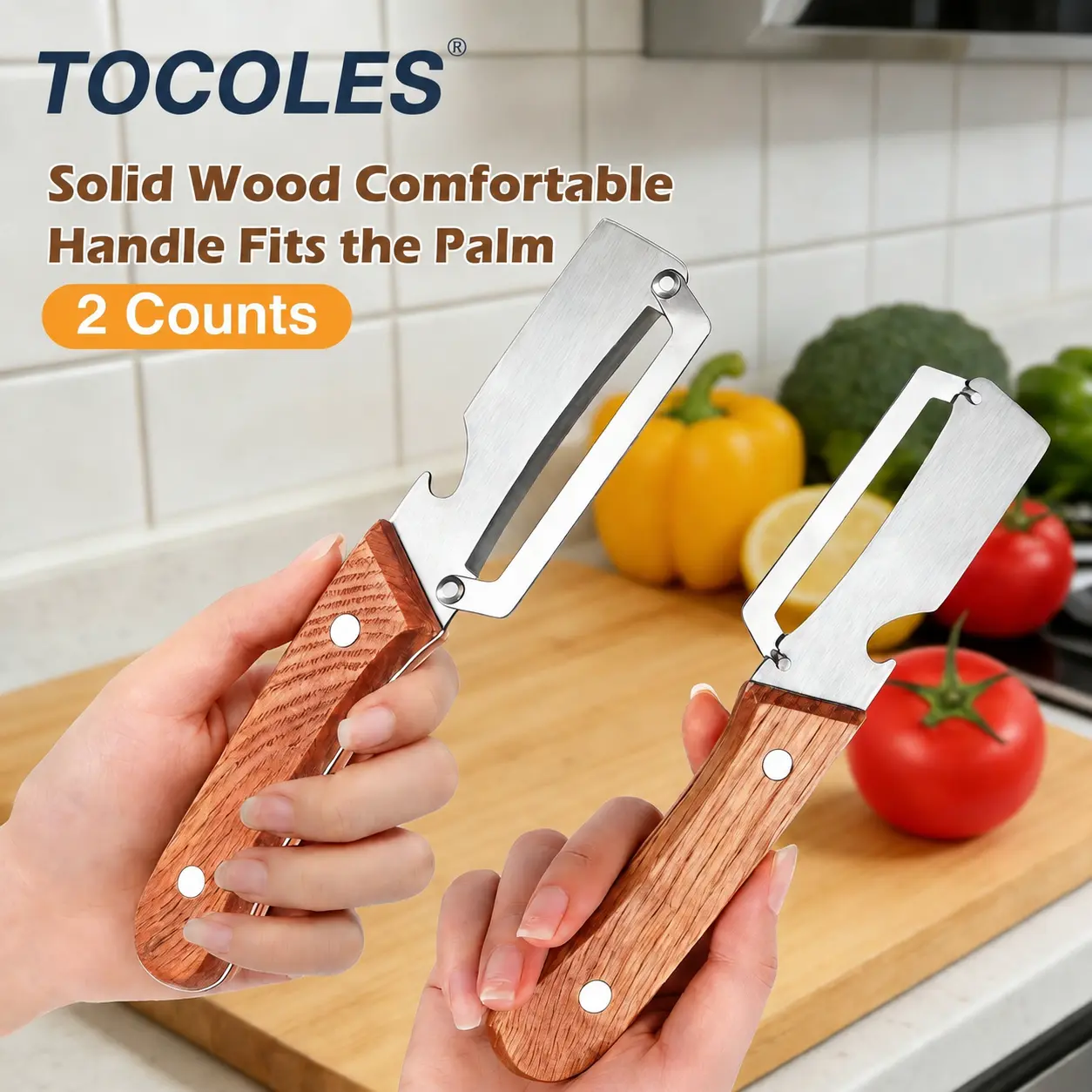 Wooden-Handled Vegetable & Fruit Peeler - Stainless Steel Blade with Built-In Bottle Opener, Ergonomic Kitchen Tool