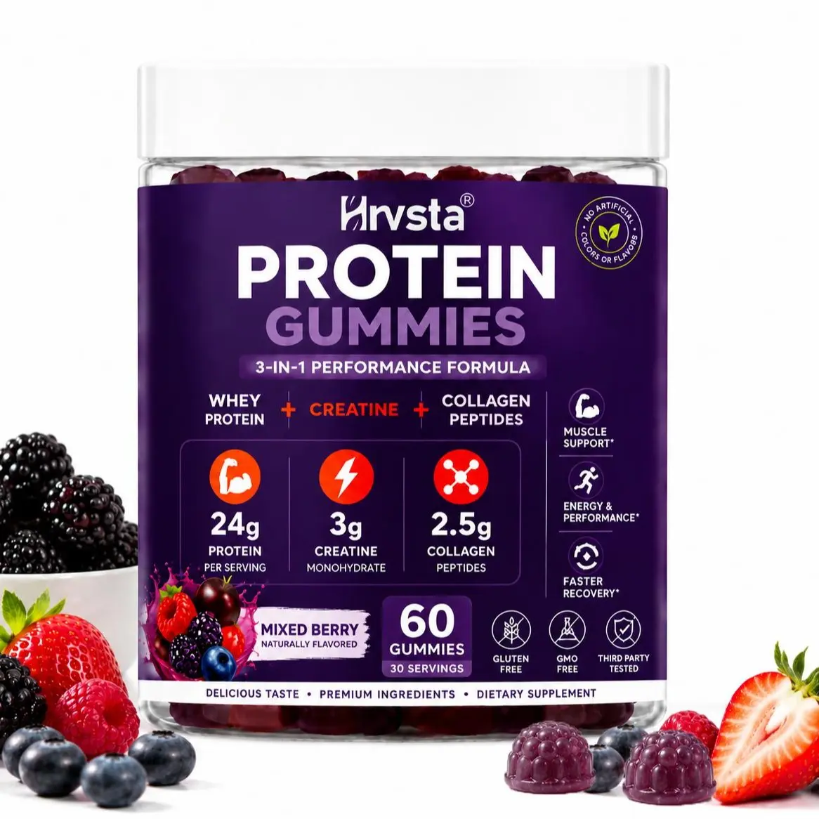 3 in 1 Whey Protein Gummies | Creatine Monohydrate | Collagen, 0 Sugar, Pure Protein Source, Muscle & Energy Support, Berry Flavor, for Women and Men