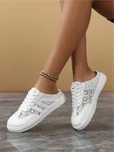 Women's Wide Toe Box Lace Mule Sneakers | Breathable Mesh, Slip-On Backless Casual Shoes for Summer, Thick Soled Mules