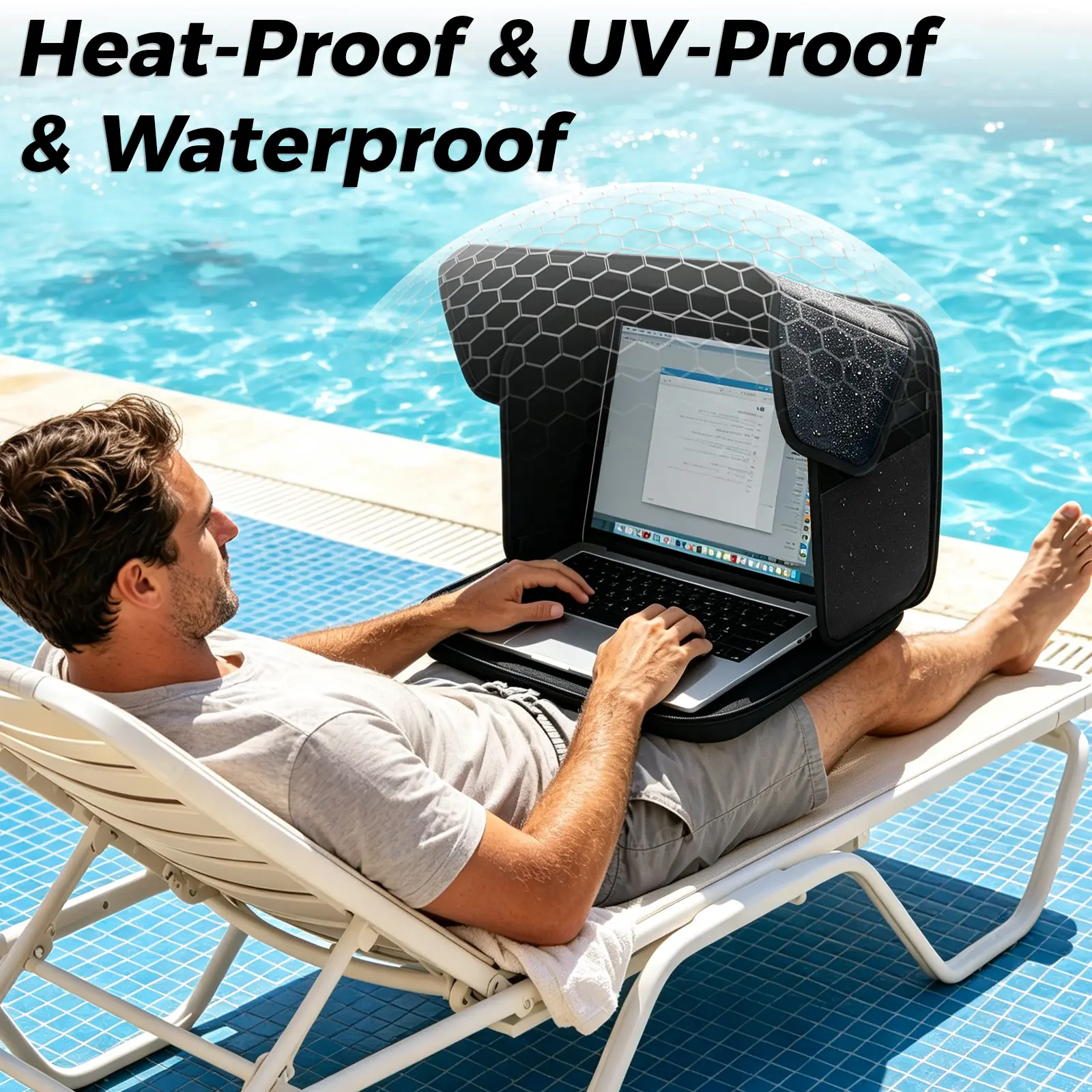 Portable Outdoor Laptop Sun Shade Sleeve for 13-16" Laptops, 3-Sided Adjustable Hood, Glare Blocking, Waterproof UV Heat Resistant Privacy Screen Visor Cover, Compact Folding Carry Case for Travel Cafe Use, Foldable, Elastic Fit, Multi-Height Panels, Sun,
