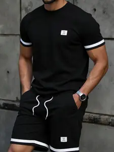 Men's Waffle Knit 2 Piece Set | Colorblock Stripe Sleeve & Shorts Patch Design Casual Streetwear Outfit