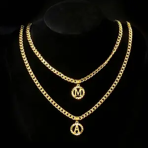 Valentine's Day Gift, Gold Initial Necklace 14K Gold Plated Round Letter Pendant Hollow Capital Monogram 5mm Cuban Chain Necklace Alhpabets from A-Z Dainty Accessories for Women Men