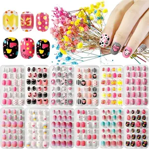 288PCS kids False Nail, Press on Pre-glue Full Cover Candy Pattern Short False Nail Kits with 48PCS Nail Adhesive Tabs, Valentine's Day Lovely Gift for Kids Little Girls Nail Art Decoration