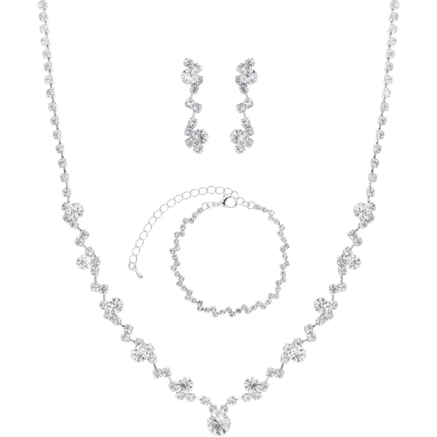 Women Jewelry Set Silver Necklace Earrings Bracelet Rhinestone Crystal Bridal Wedding Jewelry Sets for Brides Bridesmaid Wedding