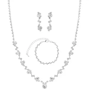 Women Jewelry Set Silver Necklace Earrings Bracelet Rhinestone Crystal Bridal Wedding Jewelry Sets for Brides Bridesmaid Wedding