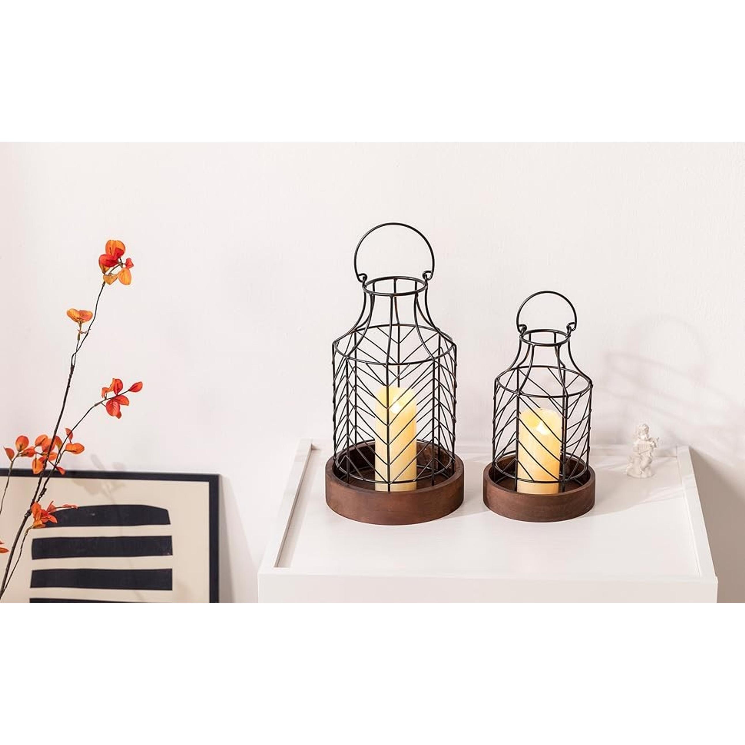 2-Piece Rustic Farmhouse Metal Candle Lantern Set with Lightweight Wooden Base, Home Decor Centerpiece for Living Room, Ideal Gift for Indoor Outdoor Use