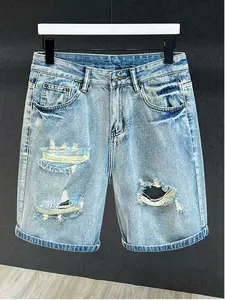 Men's fitted, distressed and ripped straight-leg jeans - street casual washed indigo blue denim shorts