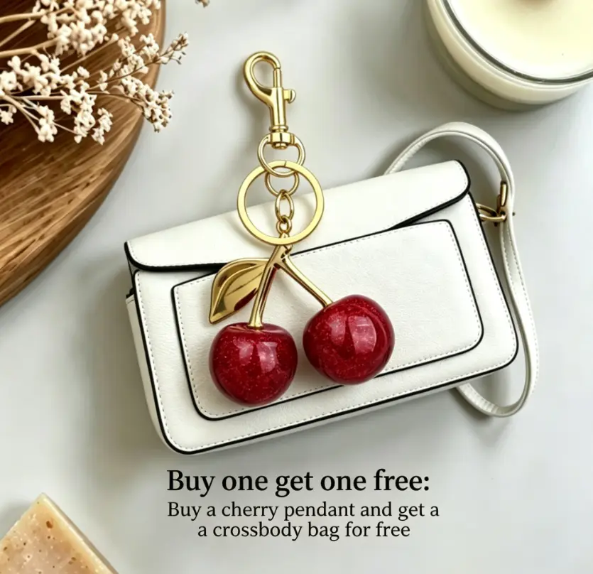 Free shoulder bag included — Shiny cherry keychain — Cute fruit-shaped bag charm (suitable for tote bags, backpacks, crossbody bags; multifunctional) | Women’s cute key ring accessory, stylish handbag charm (also suitable for car keys)