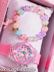 Cute Unicorn Wrist Watch Set for Boys & Girls, Includes Luminous Quartz Watch and LED Beaded Bracelet, Perfect Christmas Gift