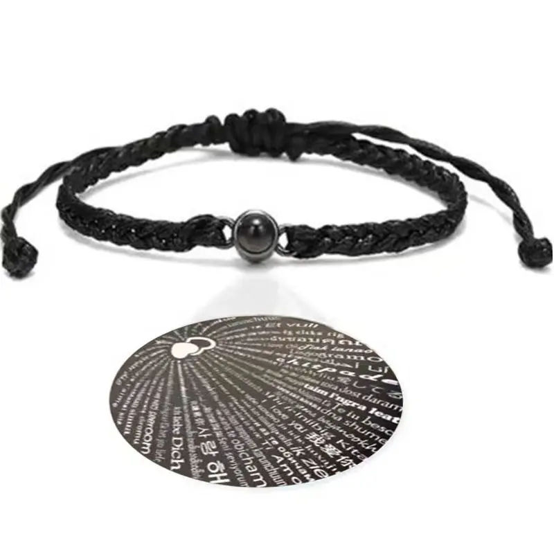 Photo Projection Bracelet for Women, Personalized Braided Cord Jewelry with Custom Engraving, Gift-Ready Anniversary Keepsake, Heart Shaped Necklace