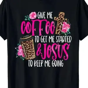 Women's Funny Coffee & Faith Graphic Tee - “Coffee & Jesus” Pink Print on Black, Loose Fit Lightweight Top for Everyday Wear, Brunch & Relaxed Weekends | Soft Casual Essential