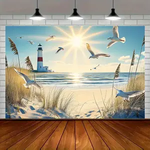 1pc Coastal Lighthouse & Seagulls Polyester Throws - Glam Beach Scene Decor, Wall Accent for Home, Photo Backdrop & Party Supply